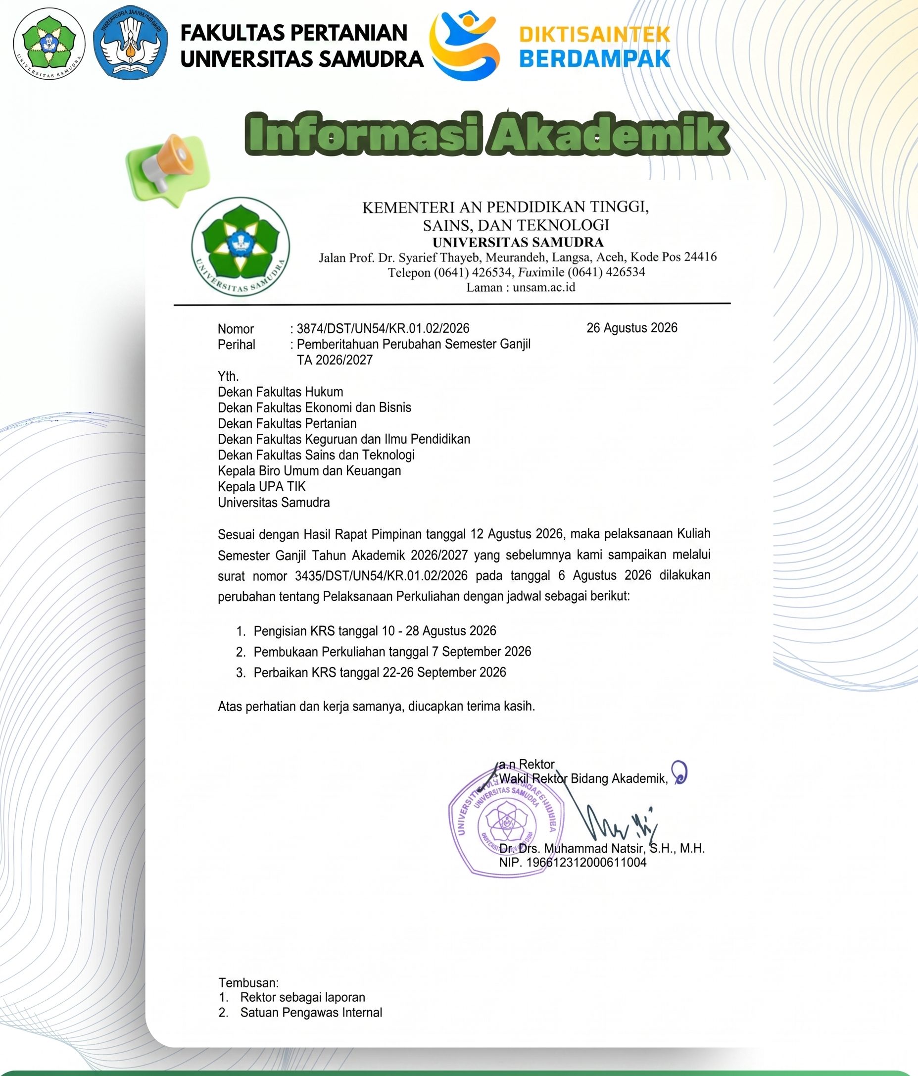 Pemberitahuan Perubahan Semester Ganjil TA 2026/2027
